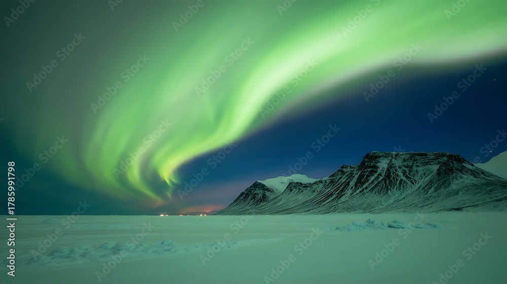 Naklejka premium Northern Lights Aurora Borealis Dancing Over Snowy Mountains At Polar Night