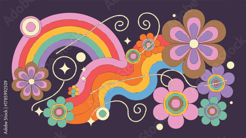 Psychedelic 1970s Style Rainbow and Flower Illustration with Swirls and Stars on Dark Purple Background