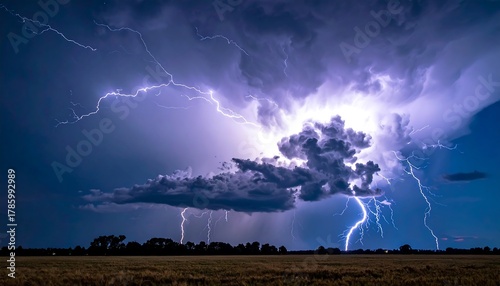 Dramatic Lightning Storm Over Rural Landscape - A Powerful Display of Nature.