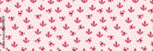 Cute romantic seamless pattern with butterflies and plants. Romantic concept for Valentines Day. All Lovers Day. For textiles, packaging, wallpapers, backgrounds or websites. Flat vector design.
