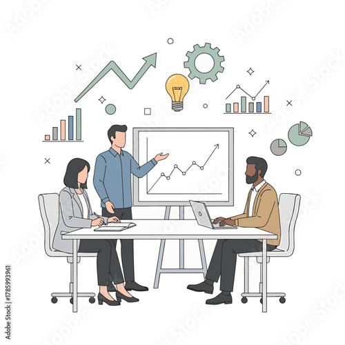 Business team discussing financial data and strategies around a table with a whiteboard