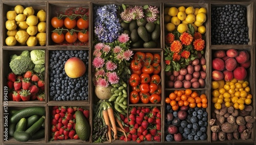 Colorful Fresh Fruits, Vegetables, and Flowers Display in Wooden Crates, Overhead View