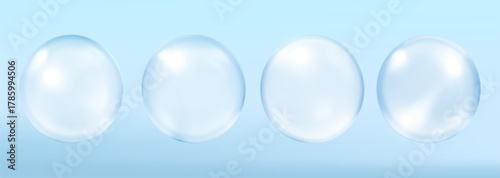 Collagen serum bubbles on blue background. Cosmetic essence. Concept skincare cosmetics solution. Vector realistic illustration