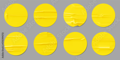 Set of round yellow paper stickers. Realistic design round sticker label template isolated background. Collection mockup price tag sale. Vector illustration