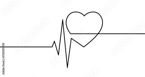 Heart rate line with a heart in one line art style. Drawing of an ECG line transforming into a heart symbol with editable black stroke on a white background. Vector illustration.