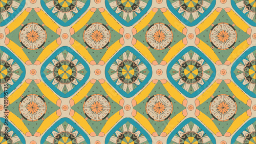 Retro Geometric Pattern with Compass Rose Motifs and Teal Blue Accents abstract antique