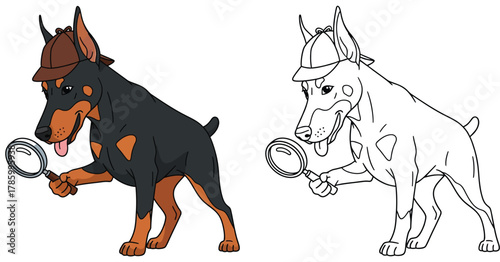 Doberman Detective Dog with Magnifying Glass - Cartoon Vector Illustration