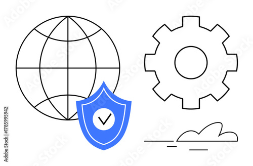 Globe with latitude-longitude lines, gear symbol, and a shield with a checkmark highlighting cybersecurity, system protection, and cloud compatibility. Ideal for IT, technology, software, networking