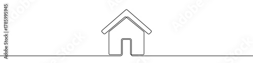 Simple house with a roof and door in one line art style. Drawing of a dwelling symbol with editable black stroke on a white background. Vector illustration.
