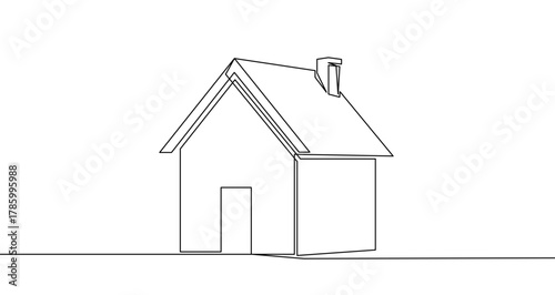 Simple house with a roof and door in one line art style. Drawing of a dwelling symbol with editable black stroke on a white background. Vector illustration.