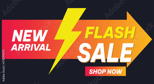 New arrival flash sale promotional banner with lightning bolt and shop now button