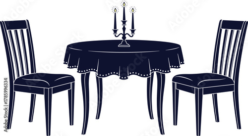 Dining table vector, candlelit setup with chairs, romantic dinner silhouette, interior design clipart, formal meal icon, elegant furniture graphic