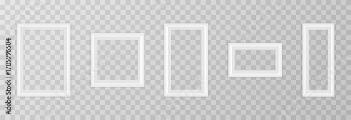 A set of white photo frames of various sizes on a transparent background. A realistic empty frame hanging on the wall. Blank PNG mockup.
