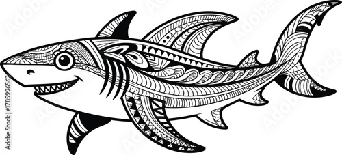 Intricate shark zentangle illustration, black and white detailed line art design for adult coloring books and marine animal artwork