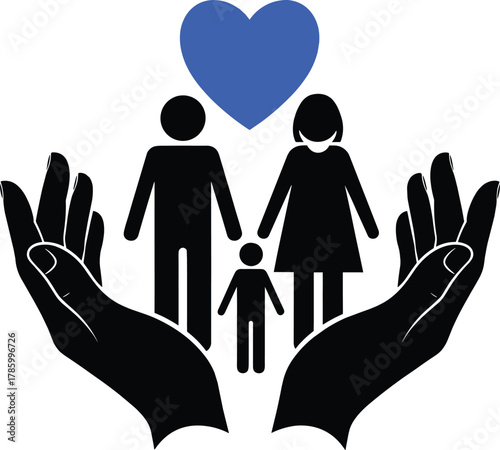 Family protection vector, cupped hands holding parents and child, heart symbol of care, safety illustration, support icon, welfare clipart