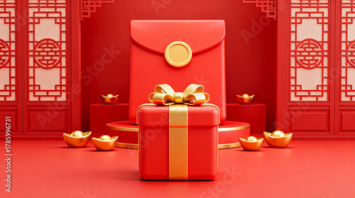 Giant bow gift box and gold ingot red envelope New Year element background