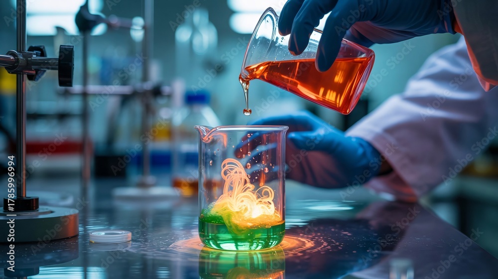 custom made wallpaper toronto digitalHands in blue gloves pouring orange liquid into green reacting fluid scientist laboratory