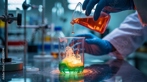 Wallpaper Mural Hands in blue gloves pouring orange liquid into green reacting fluid scientist laboratory Torontodigital.ca