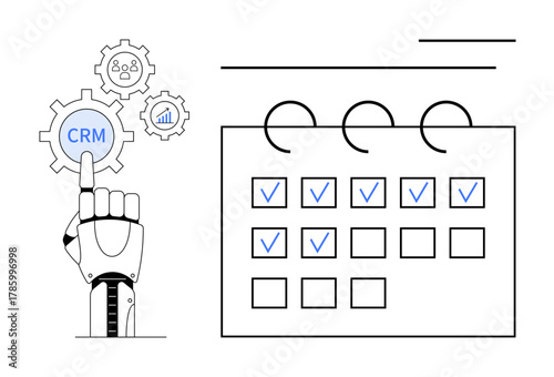 Robotic hand pointing at CRM gear with flowchart symbols alongside a calendar marked with completed tasks. Ideal for automation, CRM, task management, technology, planning, AI, productivity. Simple