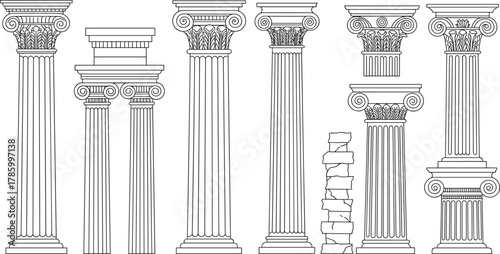 Ancient architectural column illustration, classical Greek Roman pillars, ornate capital design, historic ruins vector, cad drawing flat vector illustration
