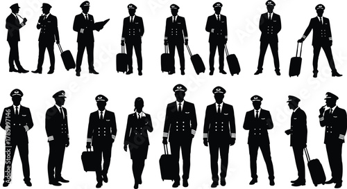 Airline pilot silhouettes, aviation crew vector, airport travel poses, uniformed staff illustration, cad drawing flat vector illustration, suitcase character design