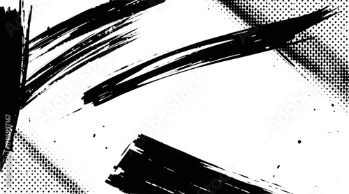 Dynamic black brush strokes and halftone dot pattern isolated on