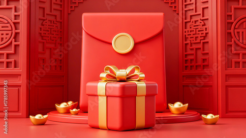 Giant bow gift box and gold ingot red envelope New Year element background