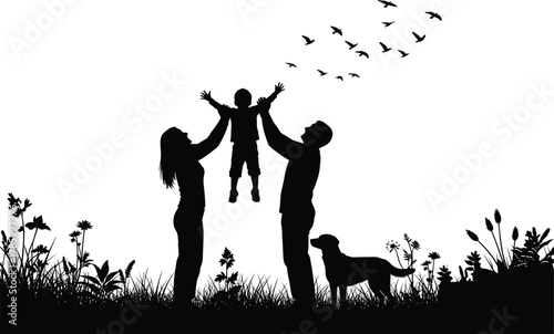 Family silhouette vector, parents lifting child, dog in nature scene, black design, joyful bonding, birds, flowers, outdoor illustration, togetherness