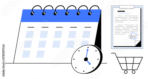 Calendar with marked days, clock showing time, document with signature, and shopping cart. Ideal for scheduling, productivity, deadlines, agreements e-commerce planning and time tracking. Minimal
