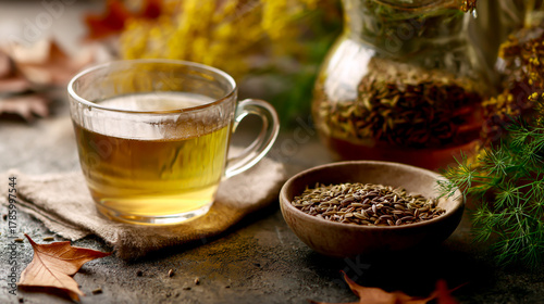 A cup of fennel tea and a small bowl with cumin seeds