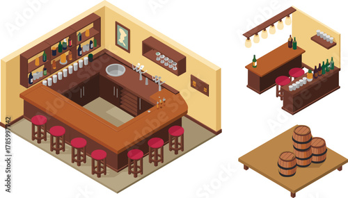 Isometric 3D illustration of a rustic pub interior with wooden bar counter, beer taps, stools, liquor bottles, and barrels
