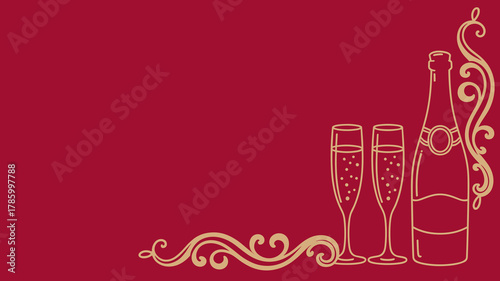 Champagne bottle and two champagne glasses in gold line art with curved ornate decoration on red background