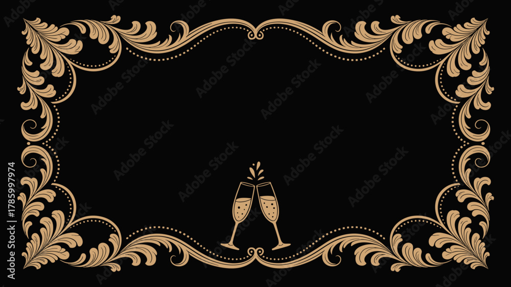 Naklejka premium Champagne toast in gold ornate frame on black background