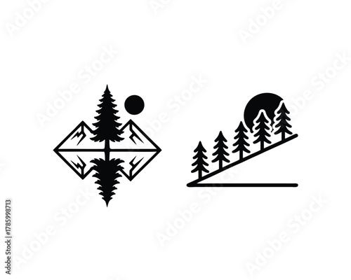Geometric Forest Mountain Logos - Pine Tree Reflection Nature Badge Set