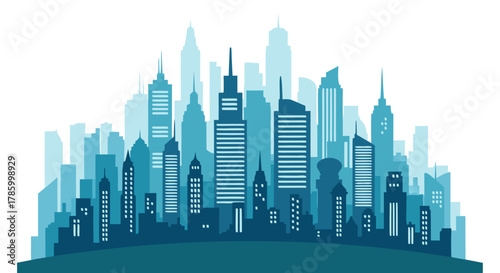 Dynamic metropolitan skyline illustration with numerous buildings in shades of blue, symbolizing urban growth, modern architecture, and contemporary cityscapes