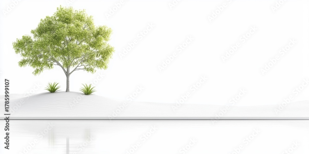 Obraz premium Serene Green Landscape: A solitary, vibrant tree stands gracefully amidst a tranquil, minimalist landscape, symbolizing growth, life, and the beauty of nature. 
