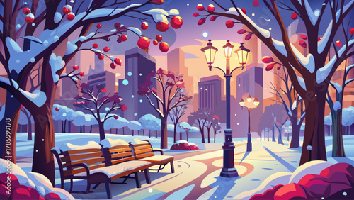 Peaceful winter city park blanketed in fresh snow, lined with red berry trees and vintage benches, soft snowfall in the air, warm street lamps glowing through mist, evoking tranquility, nostalgia