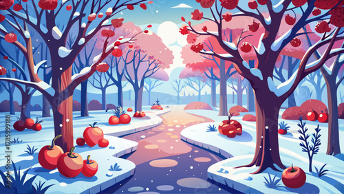 Serene winter garden with red wild apple trees covered in snow, a narrow path winding through frosted branches, gentle snowflakes falling, soft morning light illuminating the scene