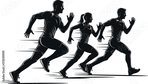 Running silhouette vector, three athletes in motion, black and white design, sprinting pose, fitness concept, dynamic sports illustration, speed lines