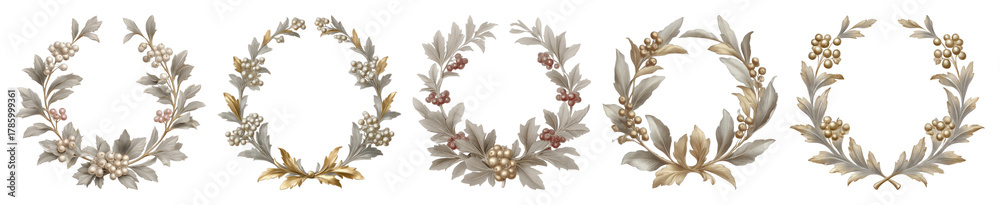 Obraz premium PNG Elegant metallic laurel wreaths design, element set on transparent background
