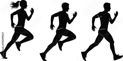 Running silhouette vector, three athletes in motion, black design, ponytail figure, fitness concept, sports activity, dynamic pose, health illustration