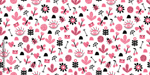 Cute romantic seamless pattern with hearts, flower, butterfly, ladybug and arrow. Romantic concept for Valentine's Day. All Lovers Day. For textiles, packaging, wallpapers, backgrounds or websites.