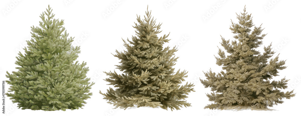 Fototapeta premium PNG Three lush evergreen trees displayed, element set on transparent background