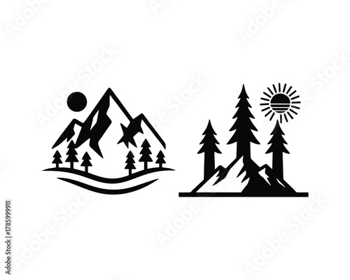 Mountain Forest Adventure Logos - Vintage Pine Tree Landscape Badge Set