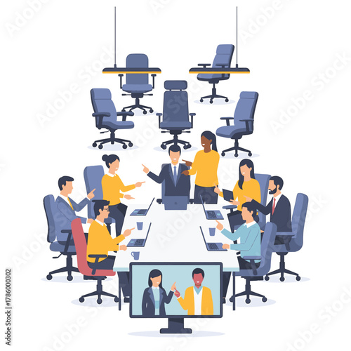 Diverse business team in meeting with video conference discussing plans at a modern office