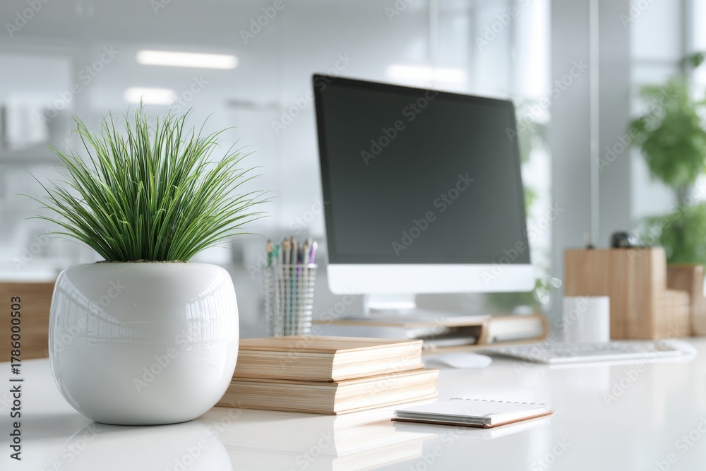 Fototapeta premium Modern office workspace with minimalist design featuring potted plant, computer monitor, and notepad on a bright and airy background