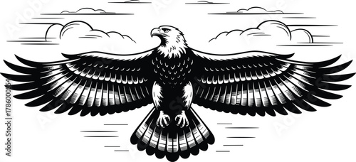 Powerful black and white eagle illustration with open wings, flying bird of prey vector art symbolizing strength, freedom, and courage