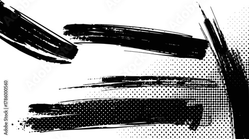Complex black grunge brush strokes and halftone dot patterns isolated on