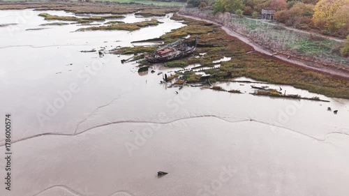 Wallpaper Mural Essex mudflat damaged shipwreck stuck in low tide salt marsh aerial view on Blackwater river Torontodigital.ca