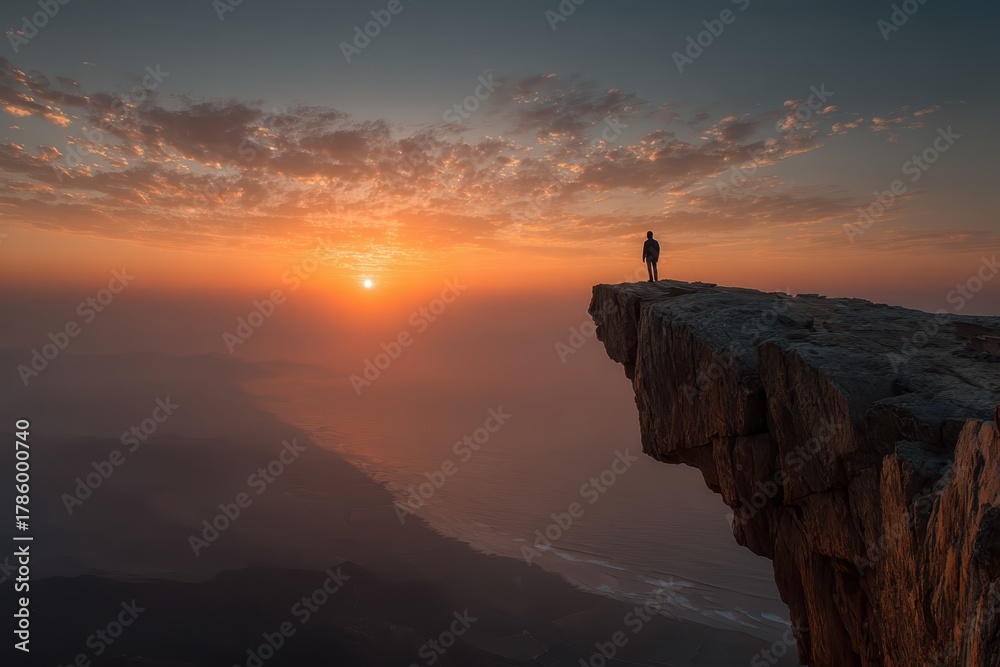 Obraz premium Man stands on cliff edge admiring colorful sunset over misty mountains